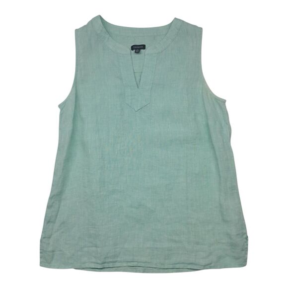 Talbots Tops - Talbots 100% Linen Tank Top Women's XS Green Sleeveless Split Neck‎ Beach Preppy